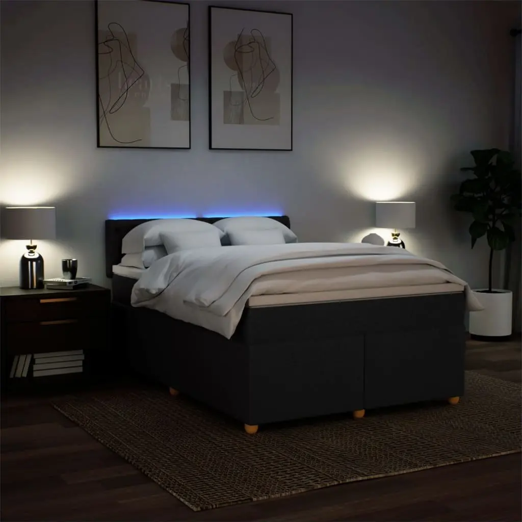 Double Box Spring Bed Black Fabric with Pocket Sprung Mattress and LED Lights