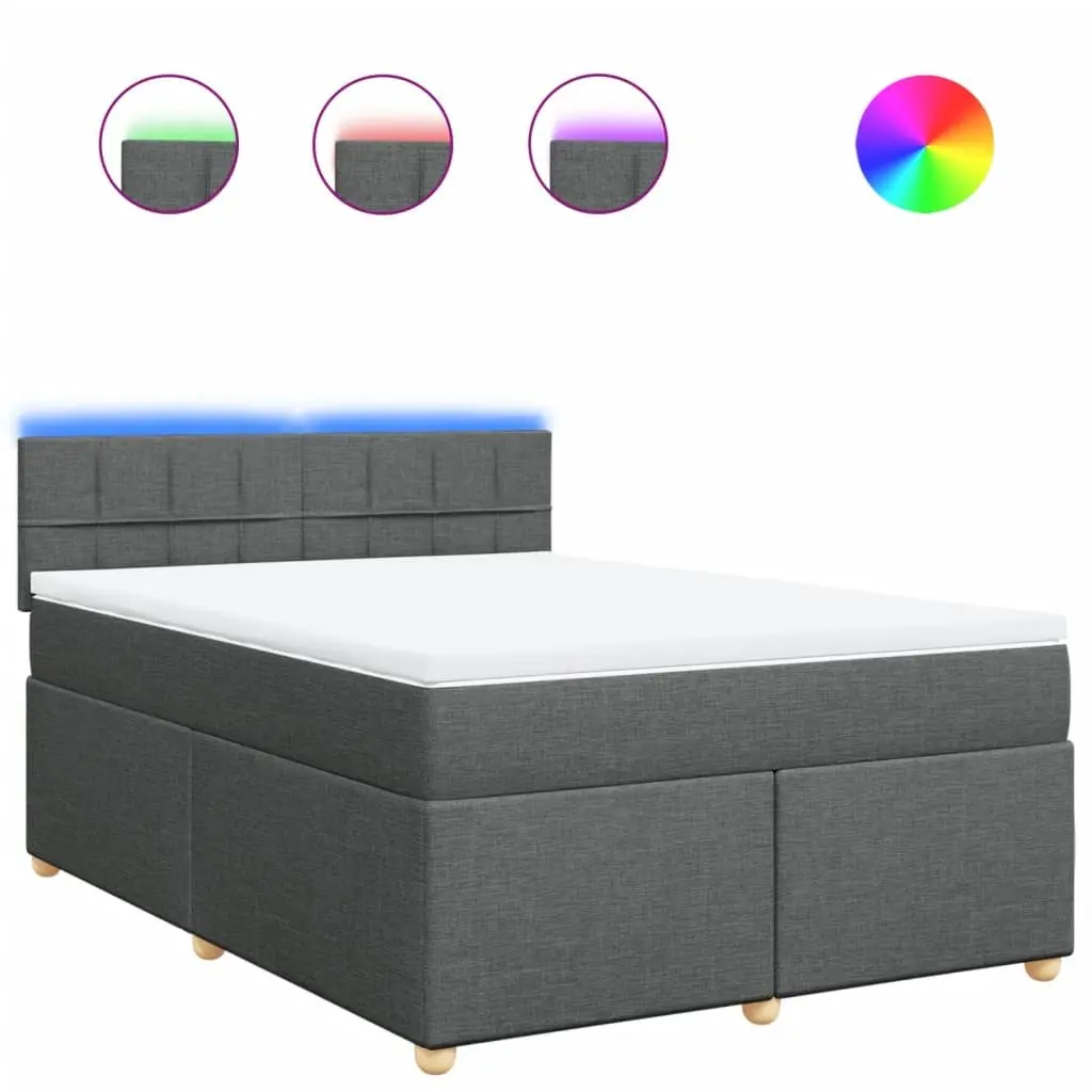 Queen Box Spring Bed Dark Grey Fabric Pocket Spring Mattress with LED Lights