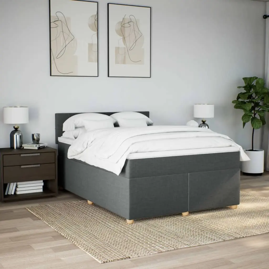 Queen Box Spring Bed Dark Grey Fabric Pocket Spring Mattress with LED Lights