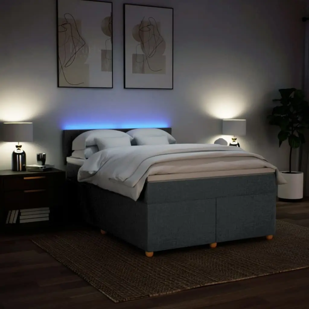 Queen Box Spring Bed Dark Grey Fabric Pocket Spring Mattress with LED Lights