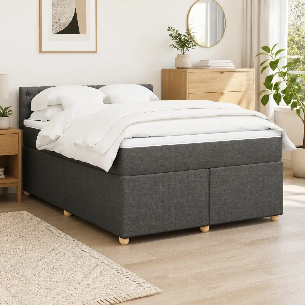 Queen Size Box Spring Bed Dark Grey Fabric with Mattress and LED Lights