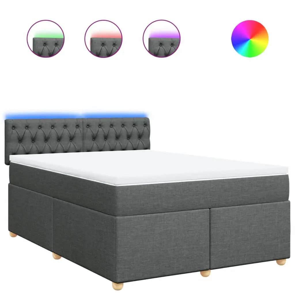 Queen Size Box Spring Bed Dark Grey Fabric with Mattress and LED Lights