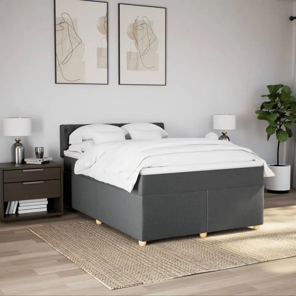 Queen Size Box Spring Bed Dark Grey Fabric with Mattress and LED Lights
