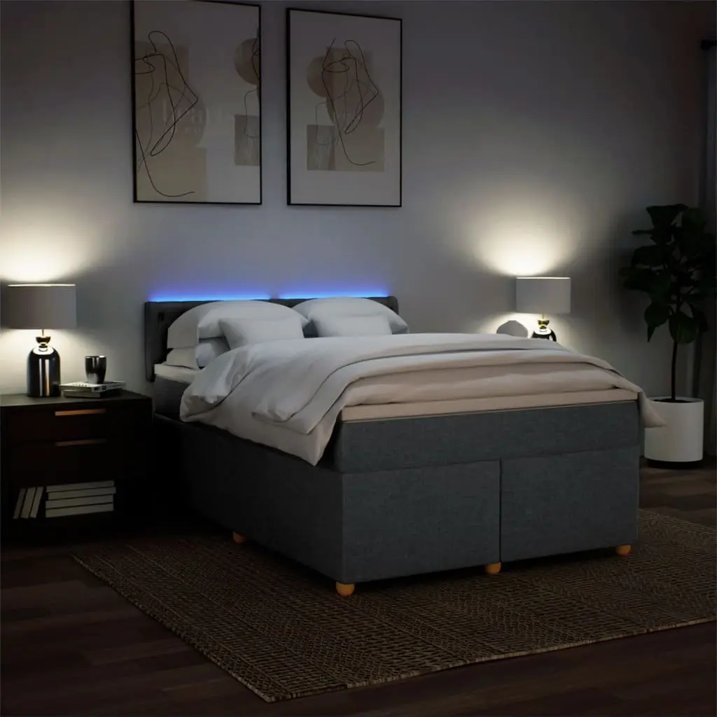 Queen Size Box Spring Bed Dark Grey Fabric with Mattress and LED Lights