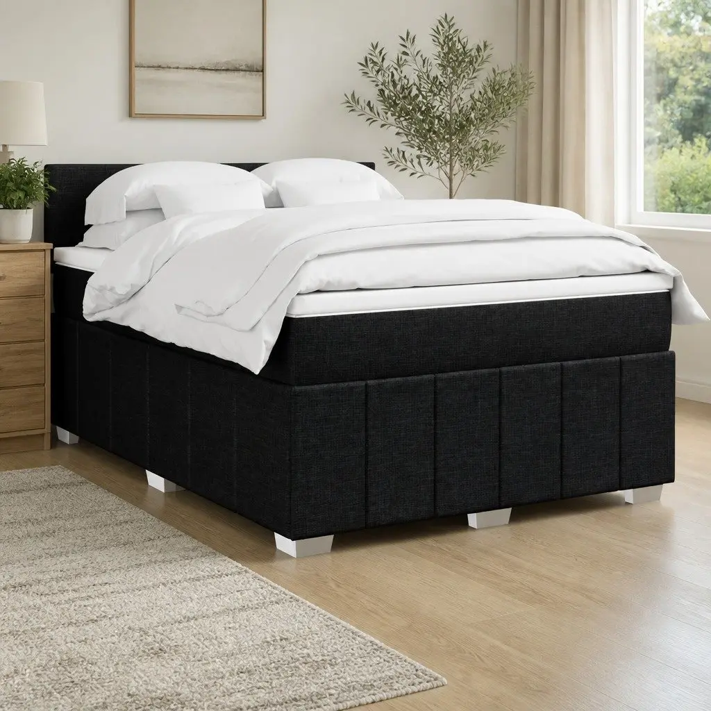 Double Box Spring Bed Black Fabric Frame Pocket Spring Mattress with Adjustable LED Lights
