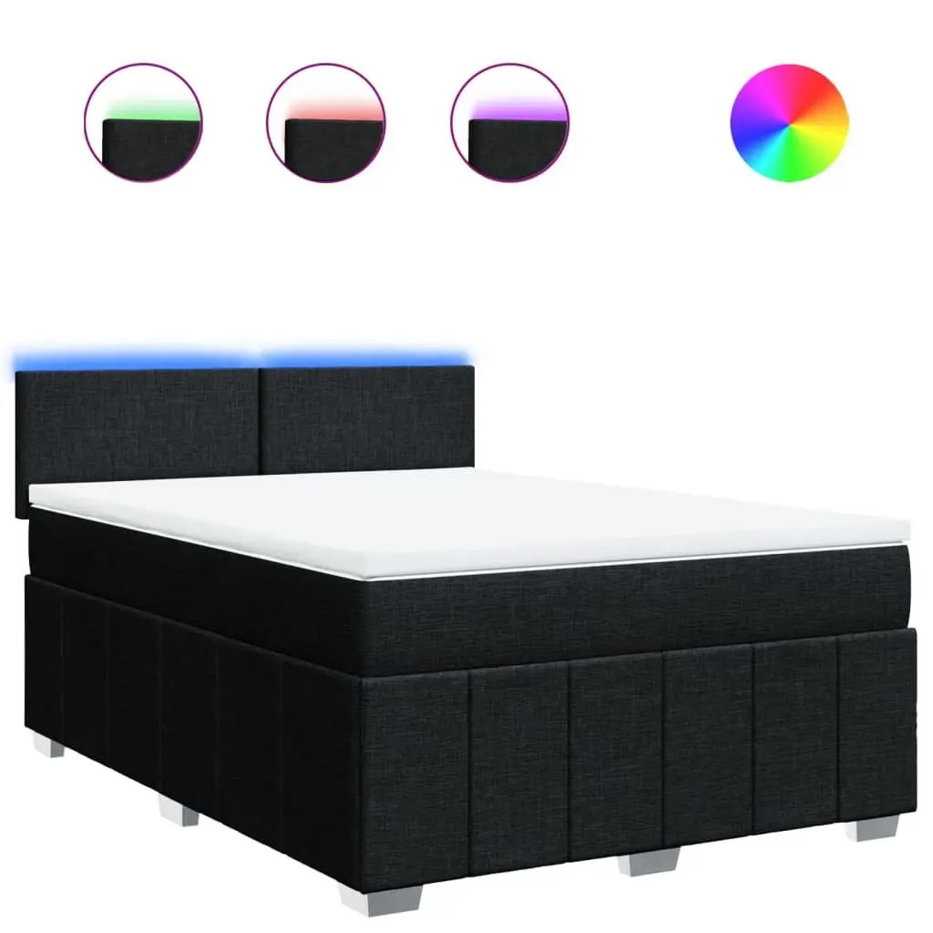 Double Box Spring Bed Black Fabric Frame Pocket Spring Mattress with Adjustable LED Lights