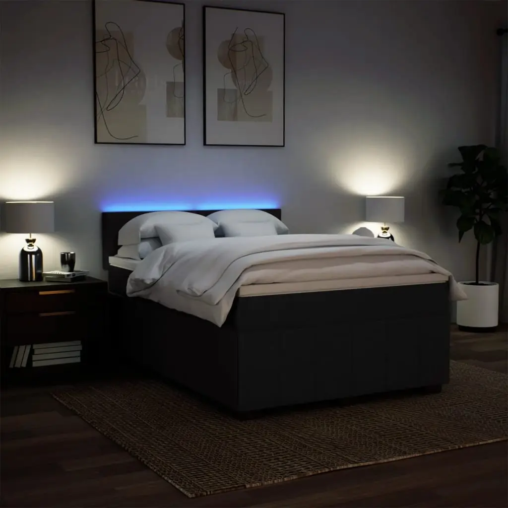 Double Box Spring Bed Black Fabric Frame Pocket Spring Mattress with Adjustable LED Lights