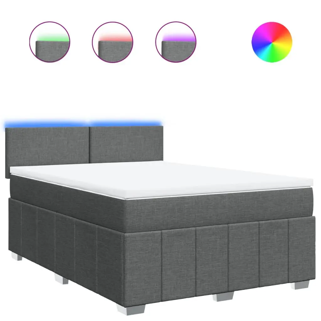 Queen Box Spring Bed Grey Fabric Frame with Pocket Spring Mattress and LED Lights