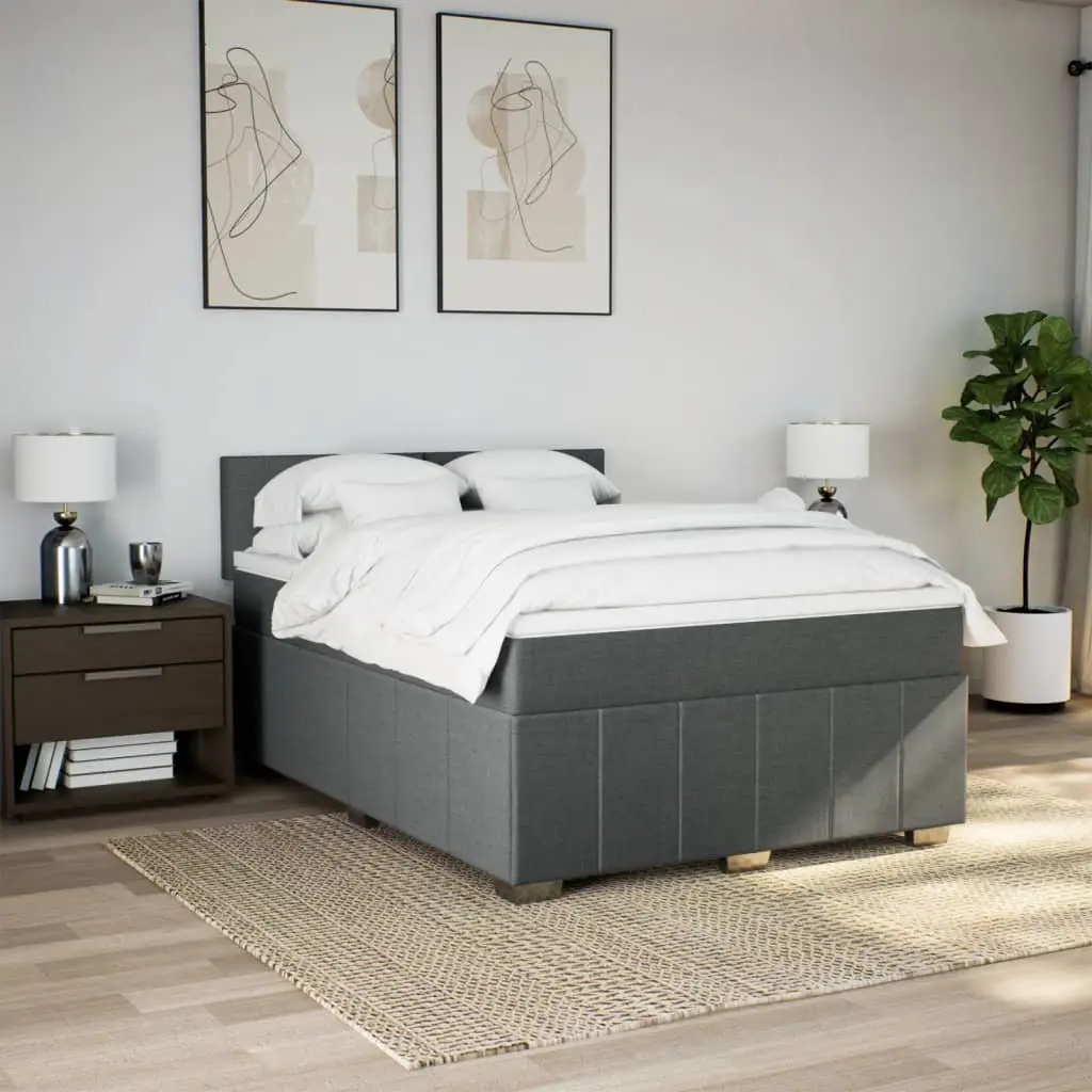Queen Box Spring Bed Grey Fabric Frame with Pocket Spring Mattress and LED Lights