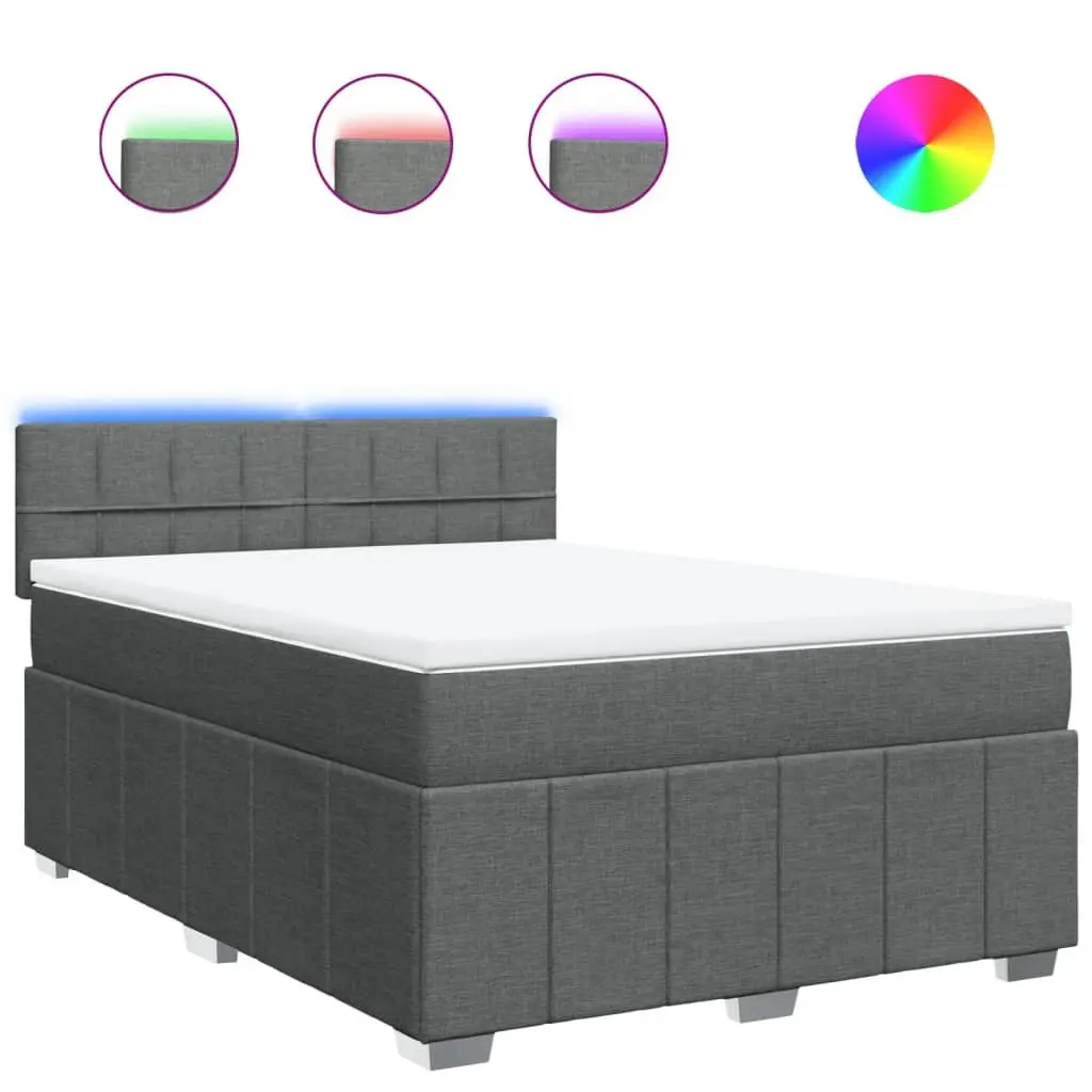 Queen Box Spring Bed Grey Fabric Pocket Spring Mattress with LED Lights