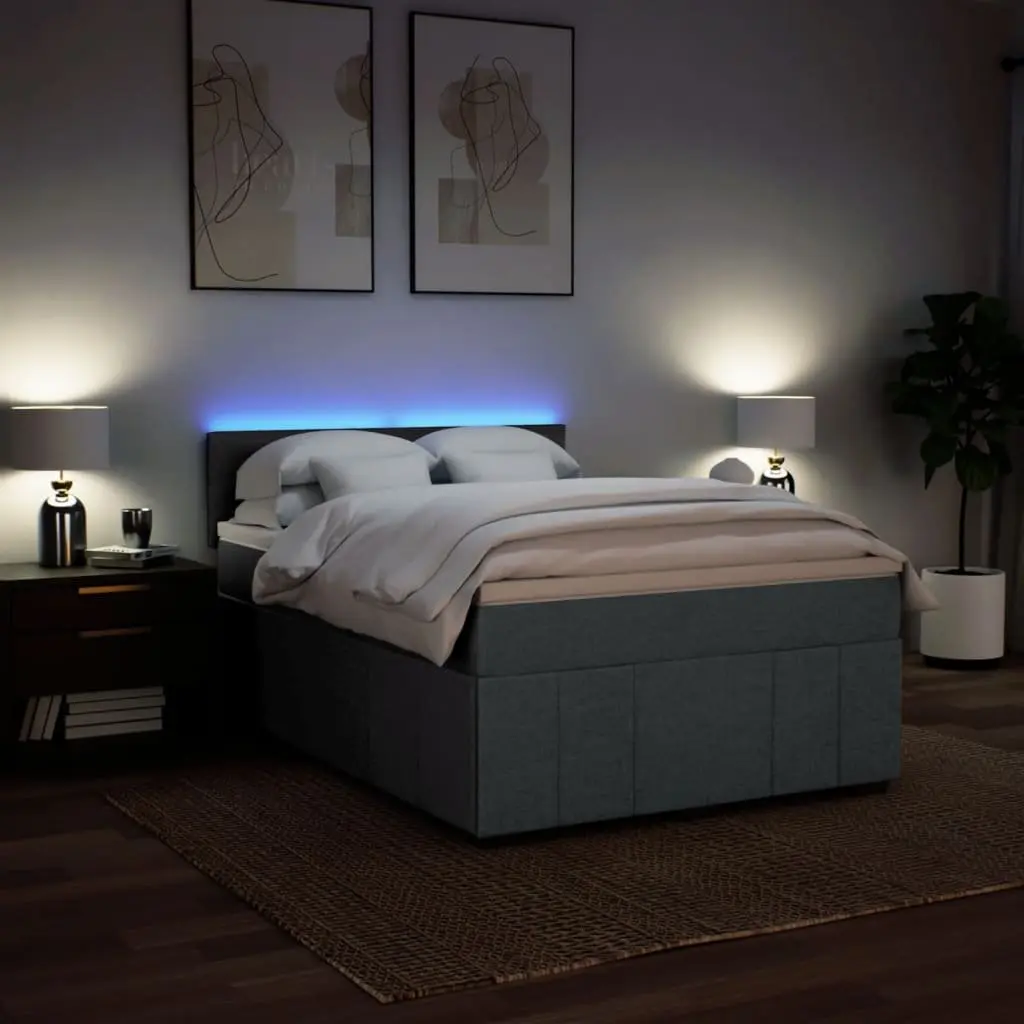 Queen Box Spring Bed Grey Fabric Pocket Spring Mattress with LED Lights