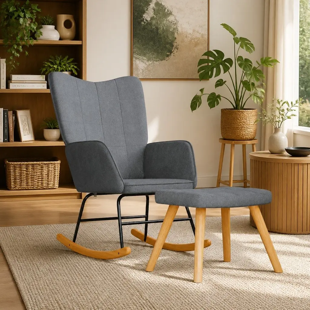 Grey Fabric Rocking Chair with Matching Stool
