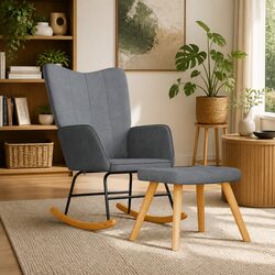 Elegant Grey Fabric Rocking Chair with Matching Stool