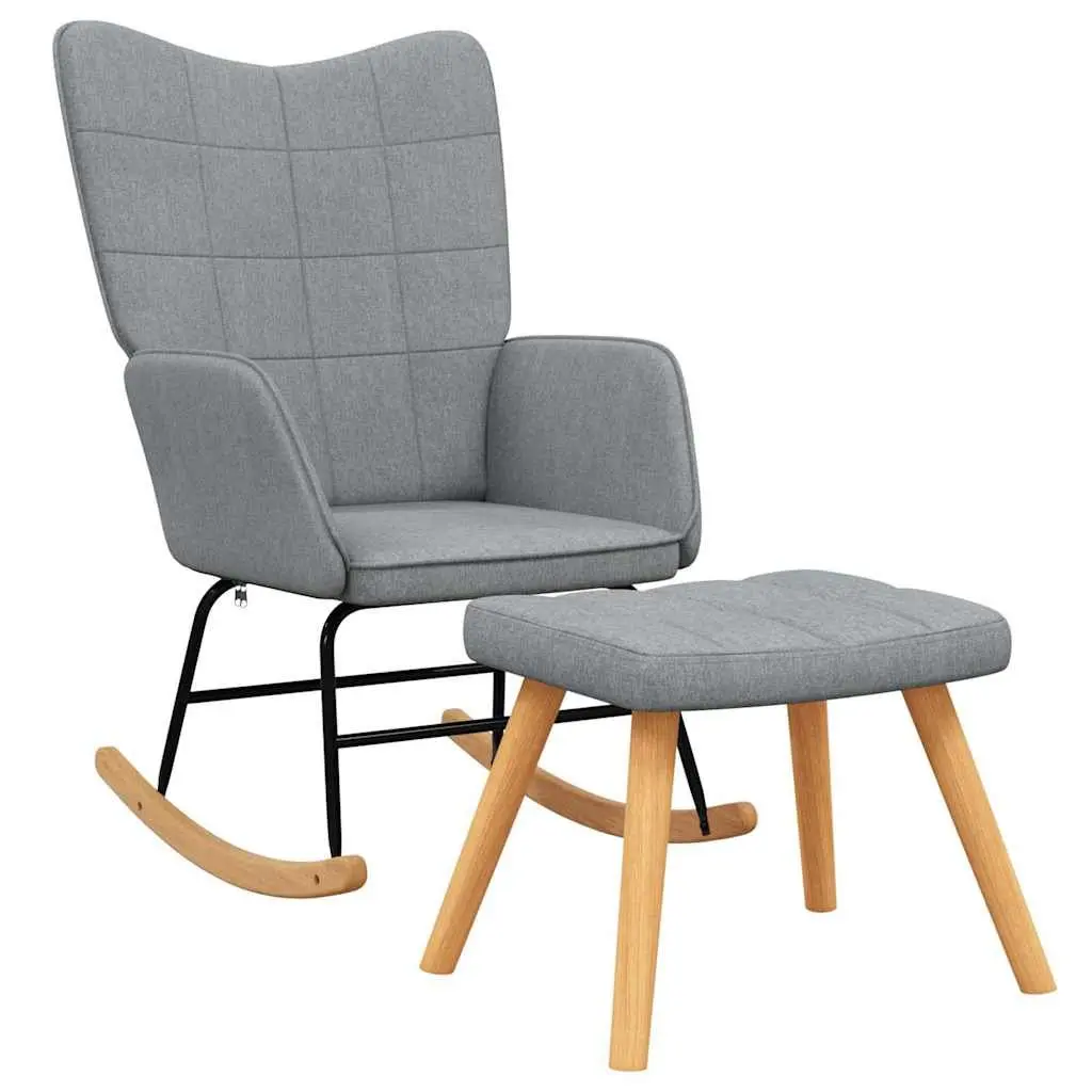Rocking Chair Grey Fabric Padded Foam Seat with Stool Steel Frame Wooden Rocking Rails