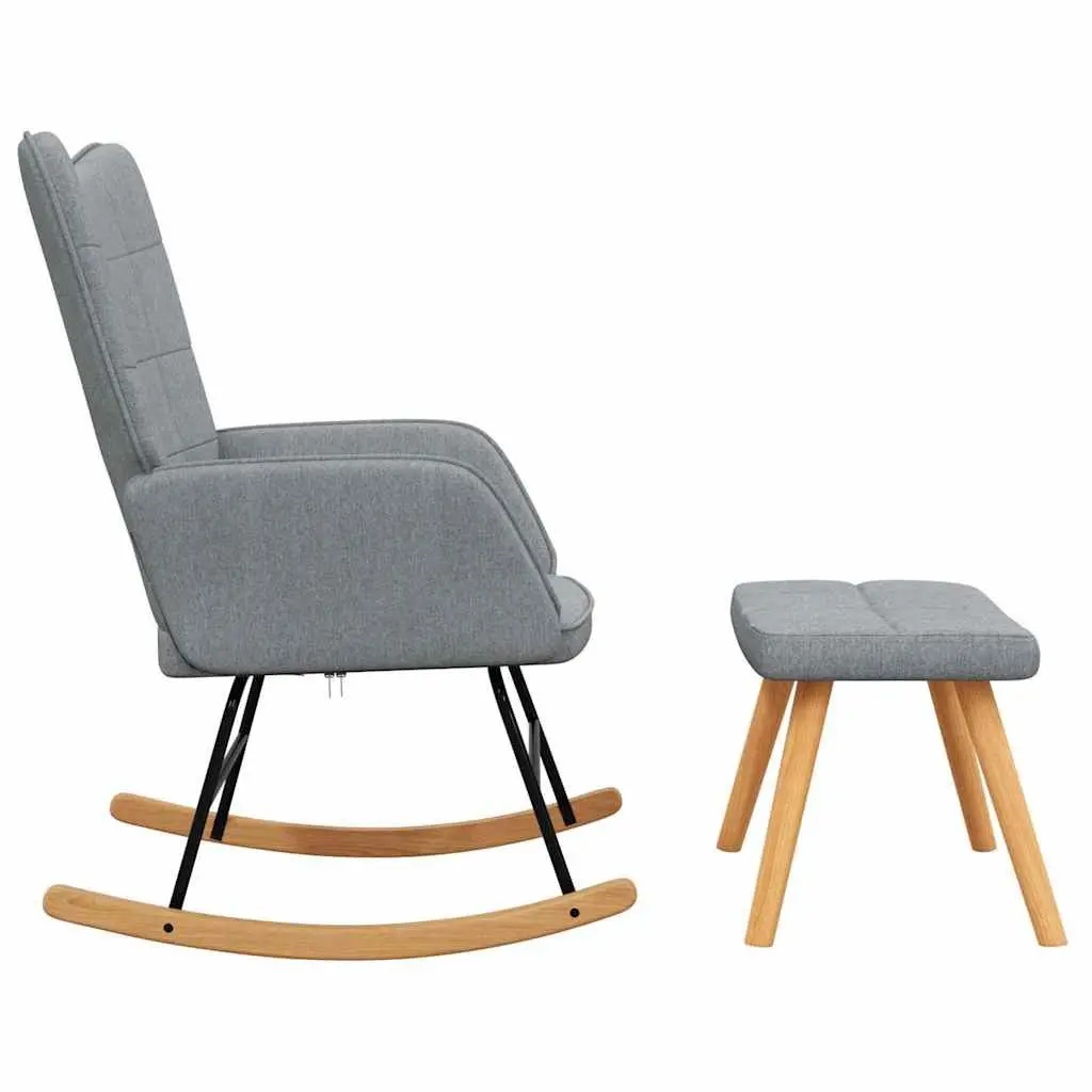 Rocking Chair Grey Fabric Padded Foam Seat with Stool Steel Frame Wooden Rocking Rails