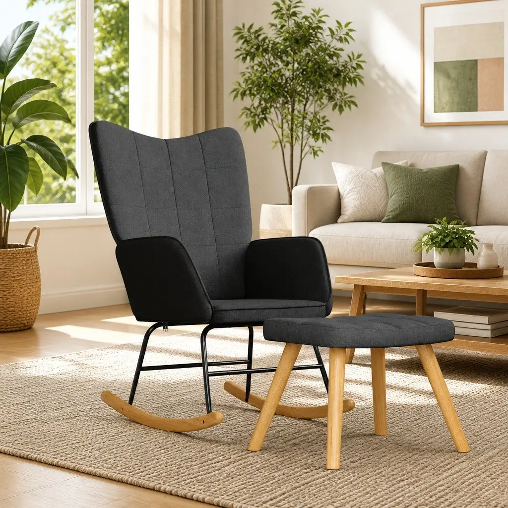 Grey Fabric Rocking Chair with Stool