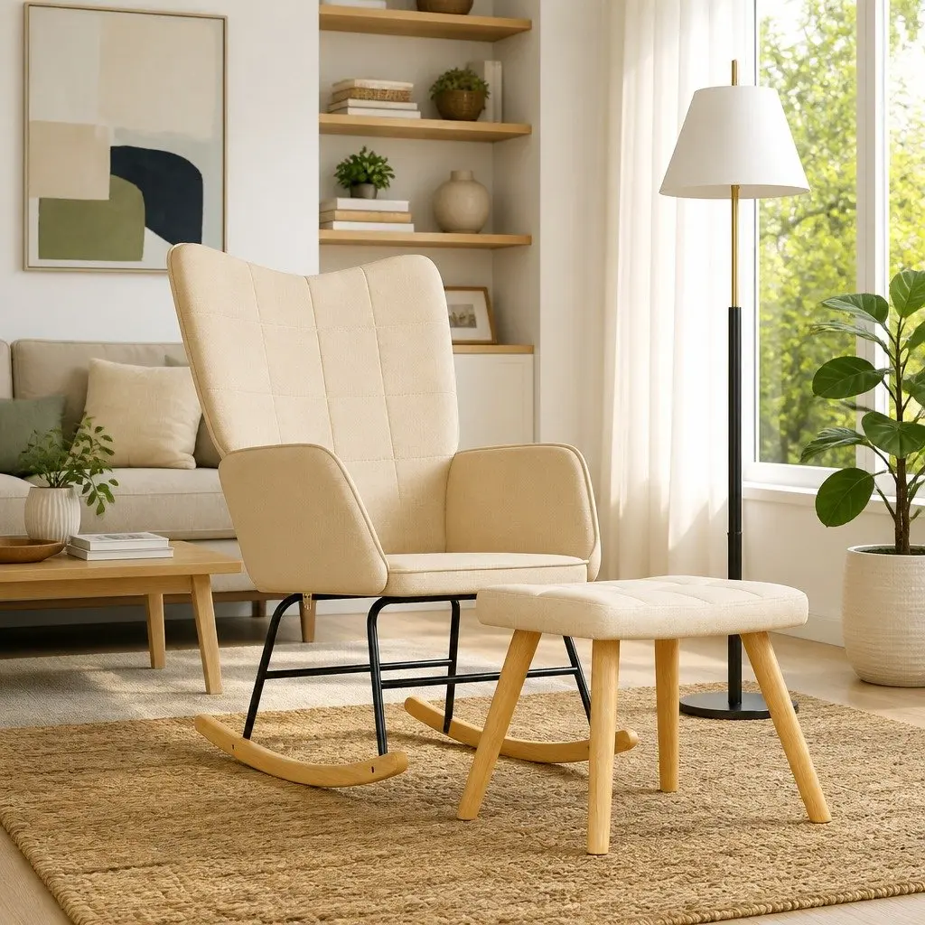 Cream Fabric Rocking Chair with Stool for Living Rooms