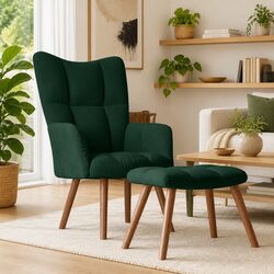 Comfortable Velvet Armchair with Stool in Green