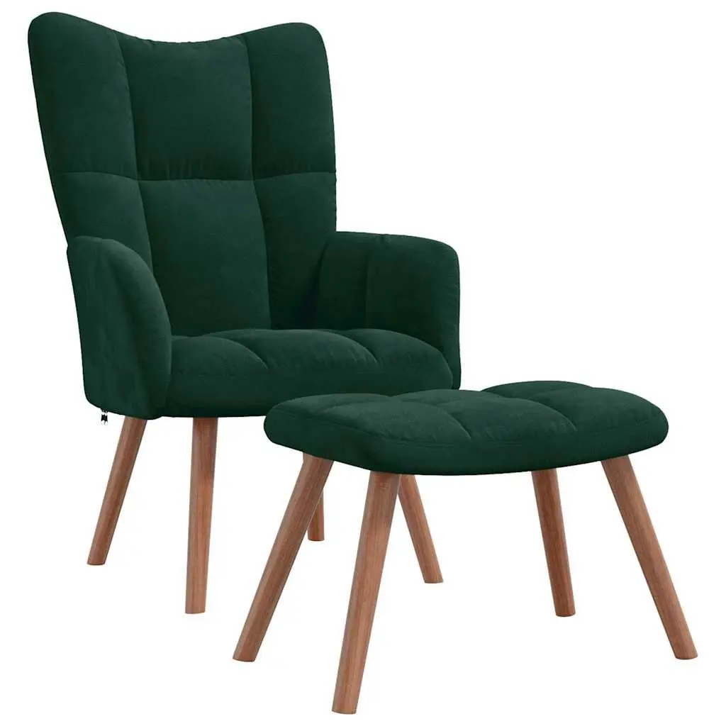 Velvet Armchair with Stool in Green