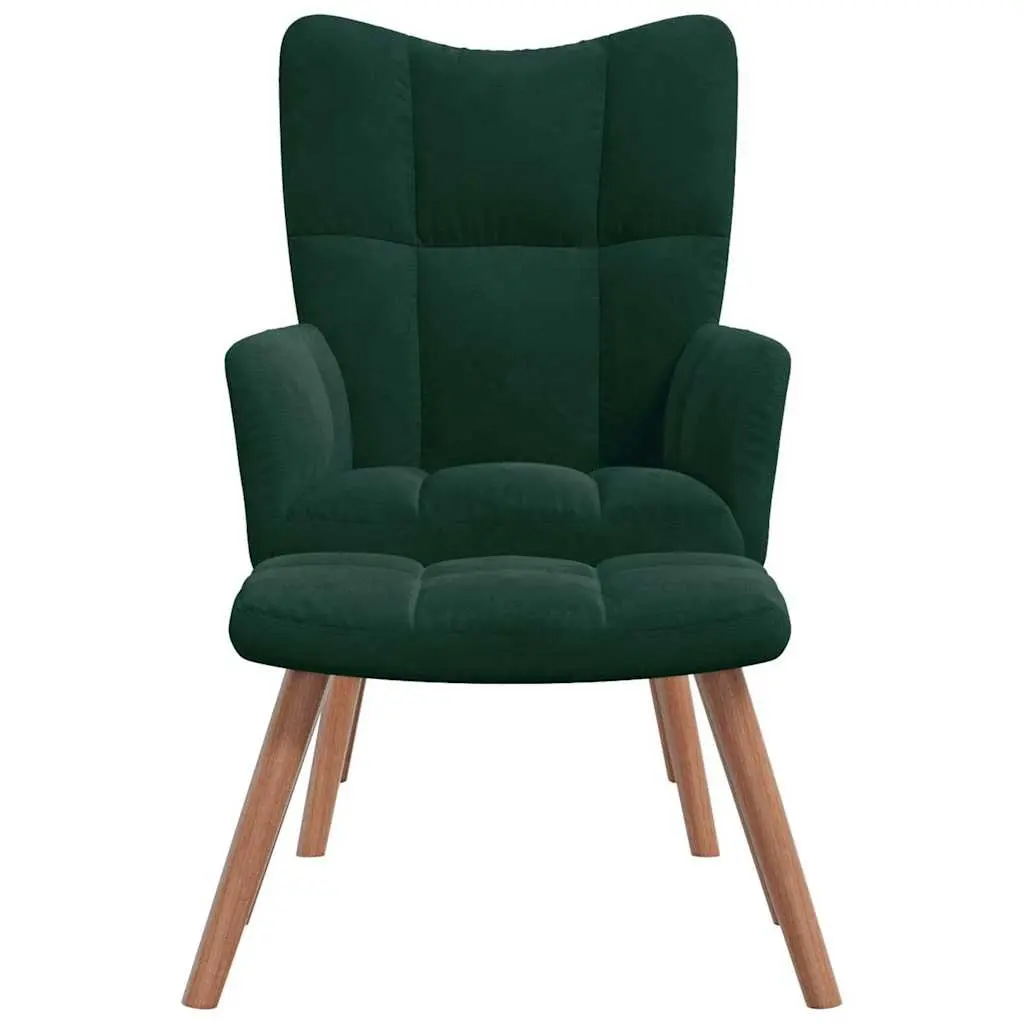 Velvet Armchair with Stool in Green