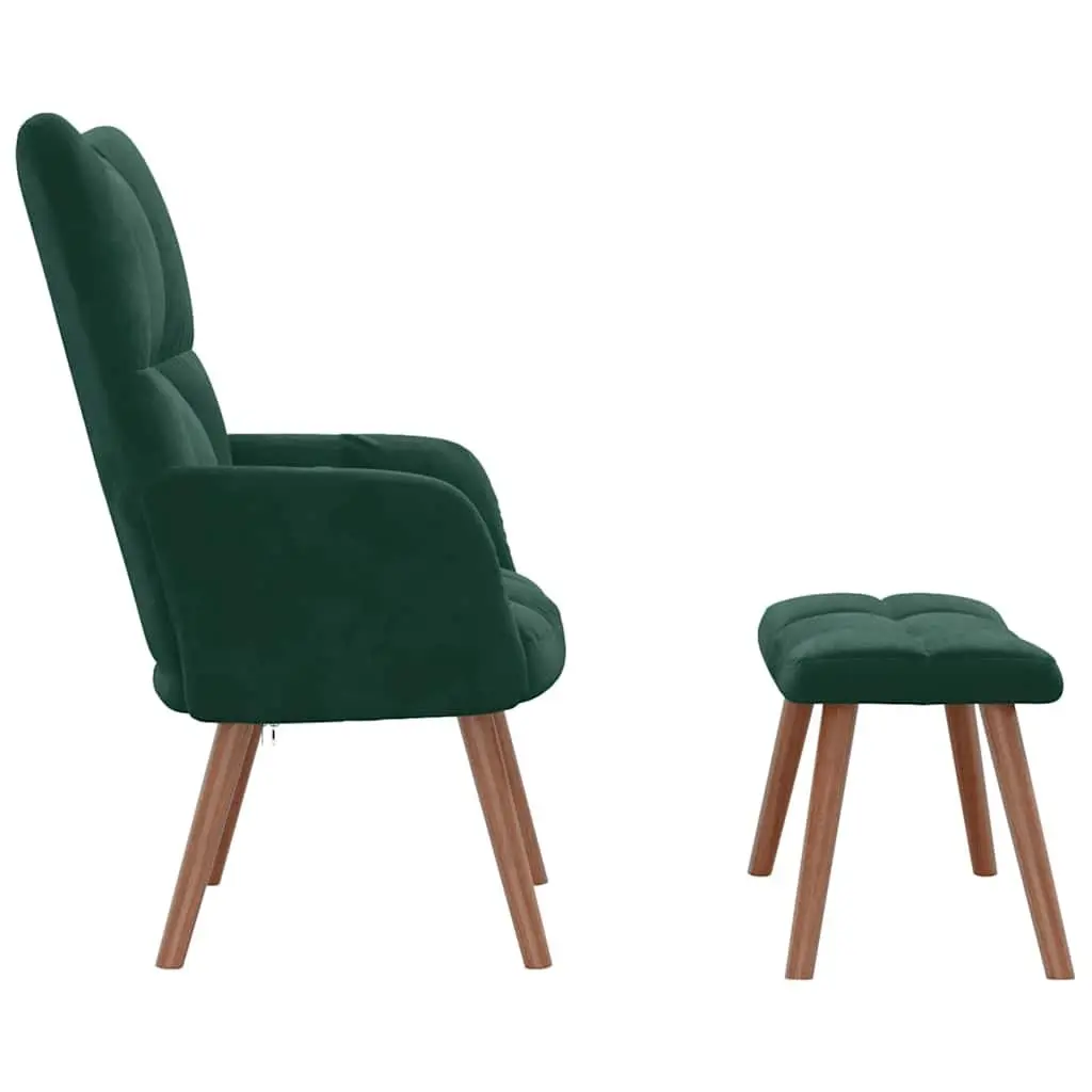 Velvet Armchair with Stool in Green