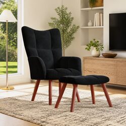 Velvet Upholstered Armchair with Matching Stool