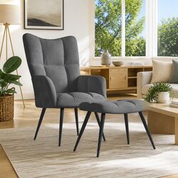 Grey Velvet Armchair and Footstool Set for Comfort