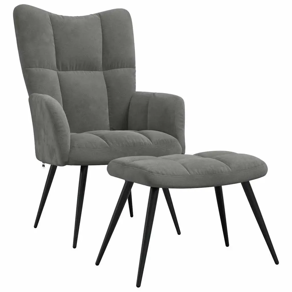 Relaxing Armchair Dark Grey Velvet Lounge Seat with Stool Steel Frame
