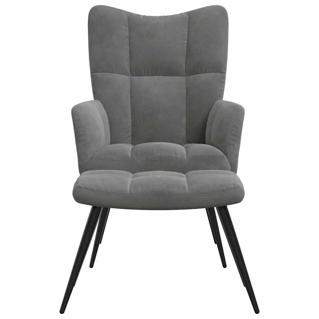 Relaxing Armchair Dark Grey Velvet Lounge Seat with Stool Steel Frame