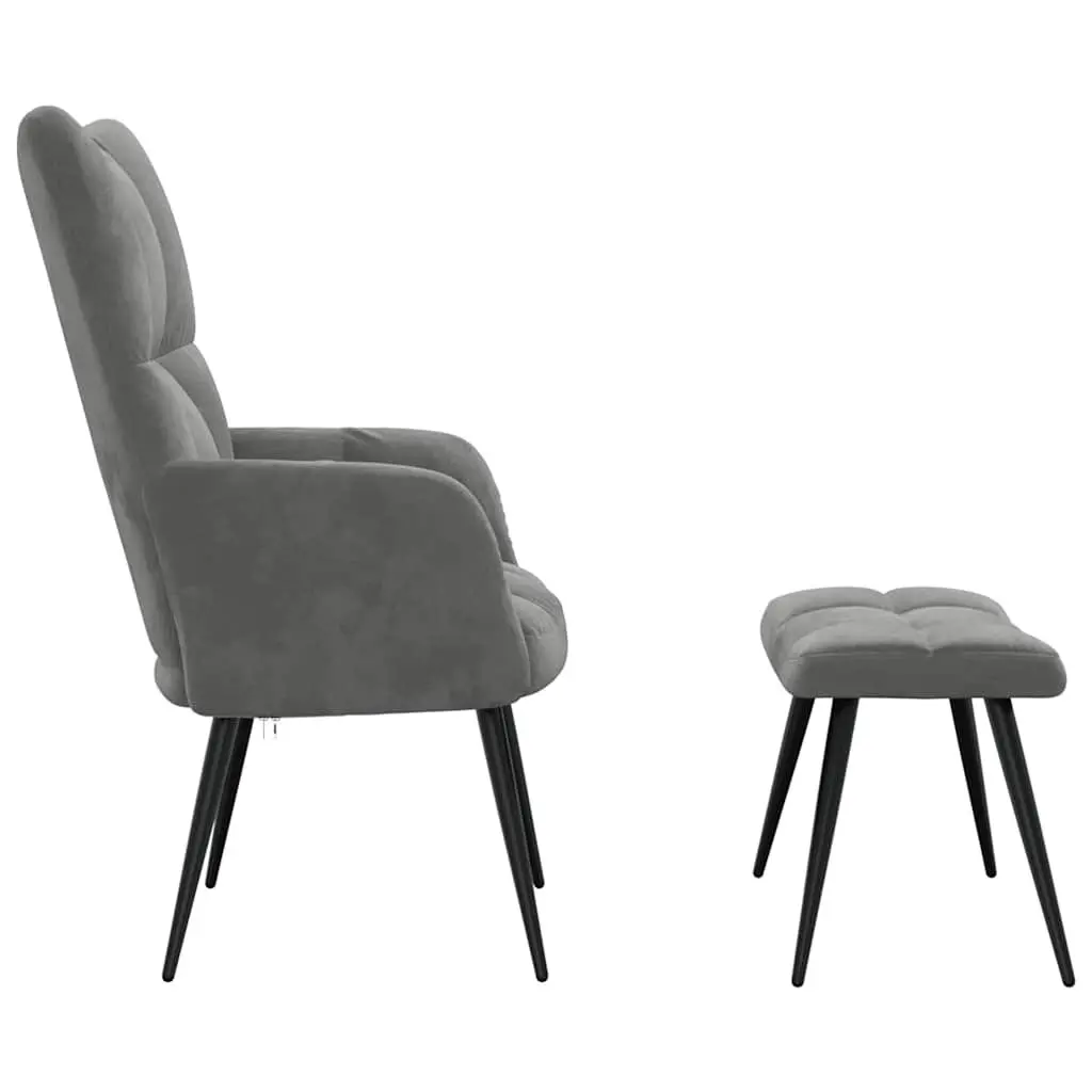 Relaxing Armchair Dark Grey Velvet Lounge Seat with Stool Steel Frame