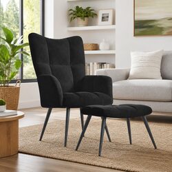 Black Velvet Relaxing Chair with Matching Stool