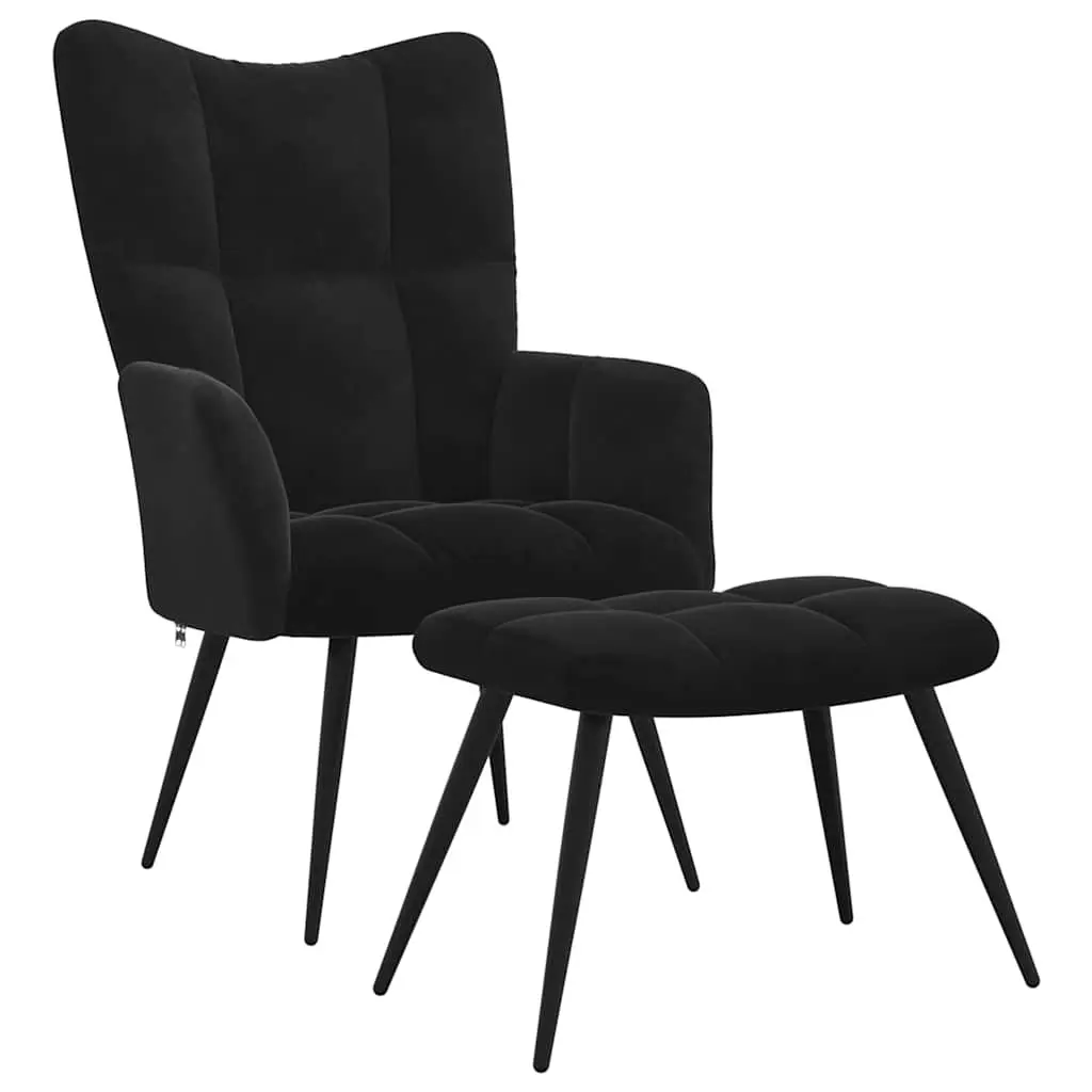 Black Velvet Relaxing Chair with Matching Stool