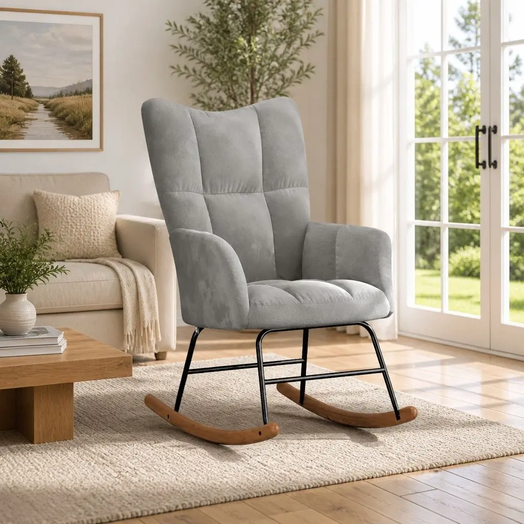Grey Velvet Upholstered Rocking Chair for Living Room