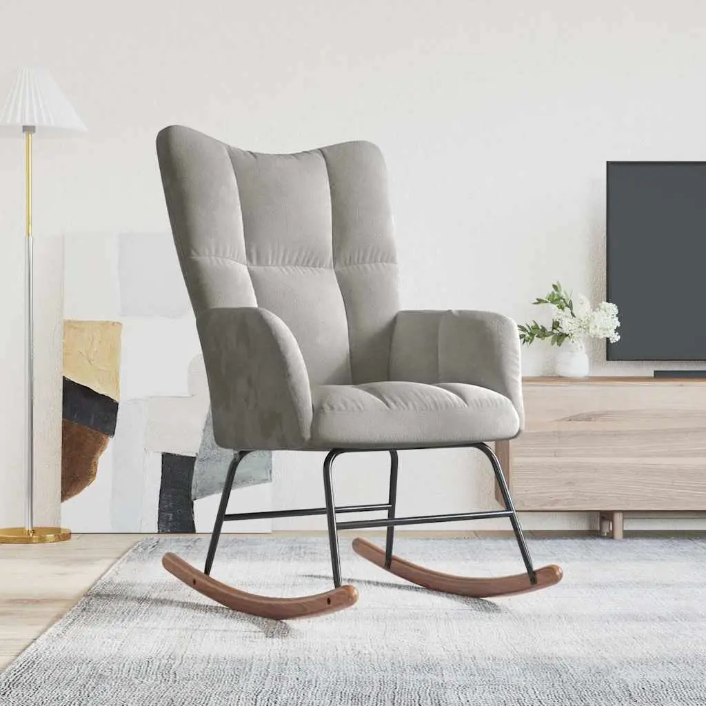 Rocking Chair Grey Velvet Upholstered Padded Armchair Steel Frame Wooden Rocking Rails