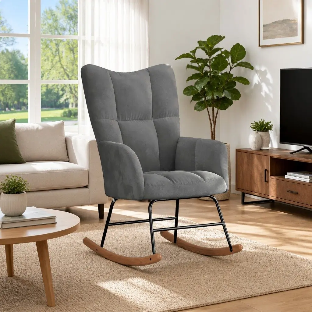 Grey Velvet Upholstered Rocking Chair for Living Rooms