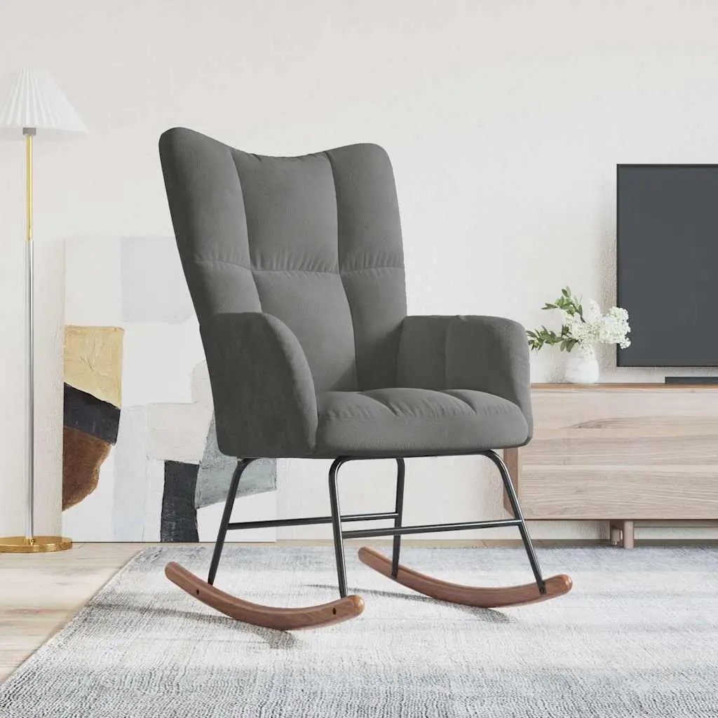 Rocking Chair Grey Velvet Upholstered Padded Armchair Steel Frame Wooden Rocking Rails
