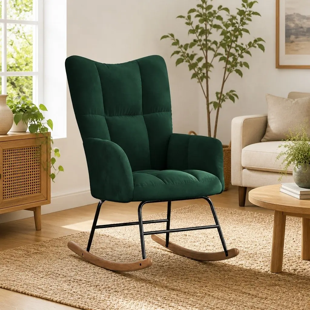 Velvet Upholstered Green Rocking Chair for Living Rooms