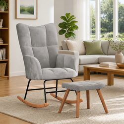 Elegant Grey Velvet Rocking Chair with Matching Stool
