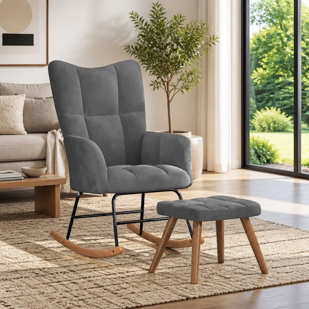 Velvet Upholstered Rocking Chair with Matching Stool