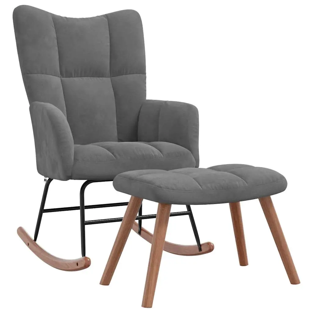 Rocking Chair with Stool Grey Velvet Upholstered Padded Armchair