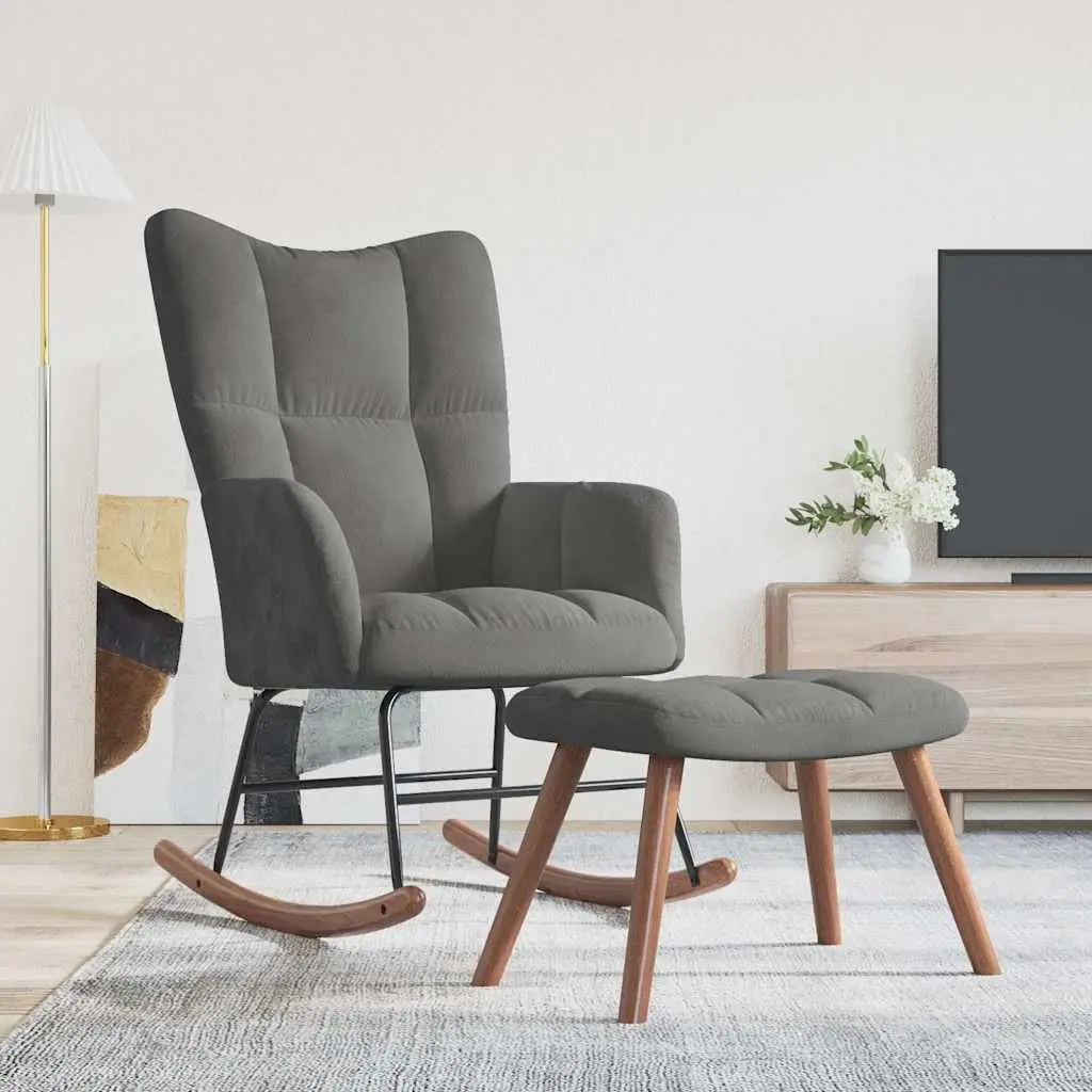 Rocking Chair with Stool Grey Velvet Upholstered Padded Armchair