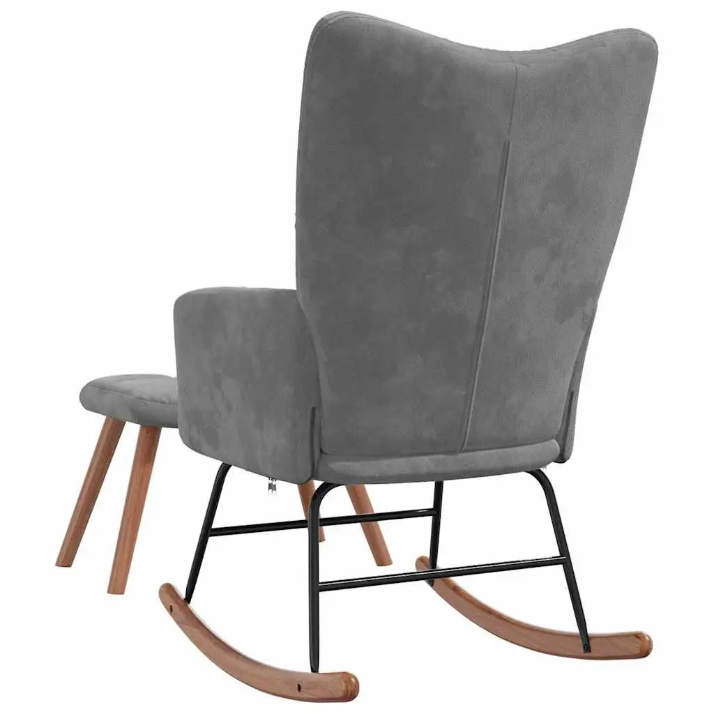 Rocking Chair with Stool Grey Velvet Upholstered Padded Armchair