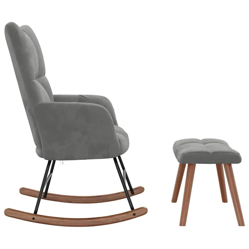 Rocking Chair with Stool Grey Velvet Upholstered Padded Armchair