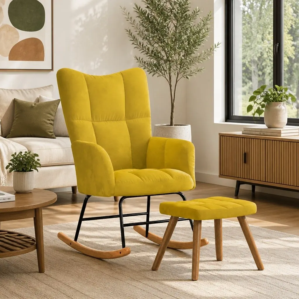 Yellow Velvet Rocking Chair and Stool Set