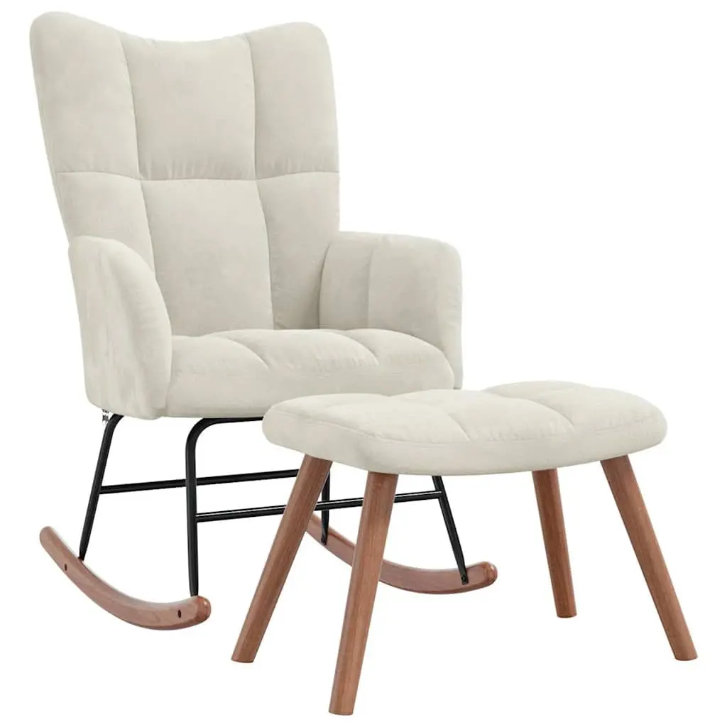 Rocking Chair with Stool Cream White Velvet Armchair