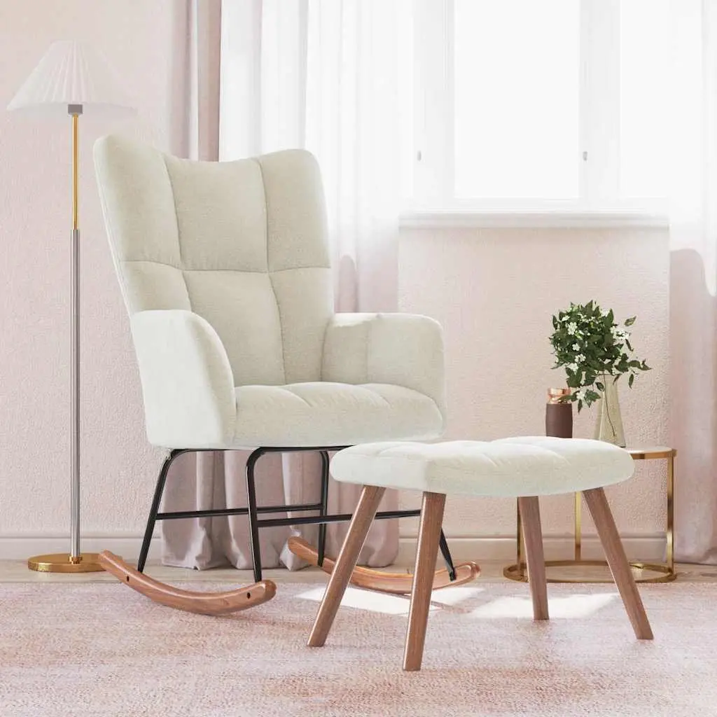 Rocking Chair with Stool Cream White Velvet Armchair