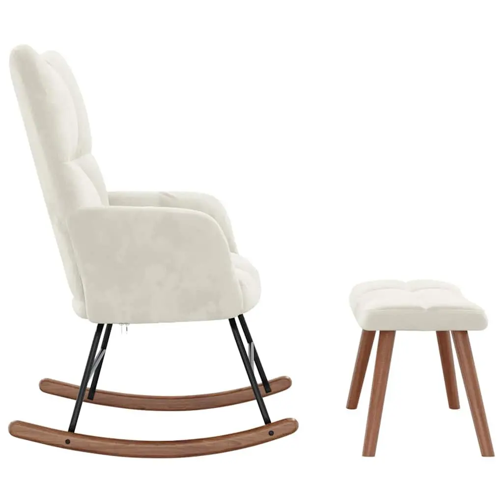 Rocking Chair with Stool Cream White Velvet Armchair