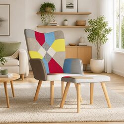Vibrant Patchwork Armchair with Stool for Cozy Spaces