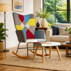 Patchwork Multicolour Rocking Chair with Matching Stool