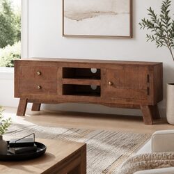Warm Wooden TV Cabinet with Storage Drawers and Shelves